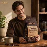 YOUYI Sachet à café en aluminium anti-odeur à impression en héliogravure 12 couleurs, fond plat, fermeture éclair, pour grains de café torréfiés, avec valve d'évacuation de l'air