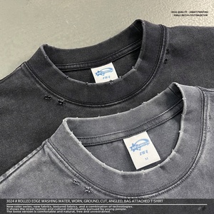 270gsm 100% Cotton Washed Vintage Frayed Cut Shoulder Hollow Out Slant Patch <b>Pocket</b> Roll Hem Casual <b>T</b>-<b>shirt</b> - Product Image 4