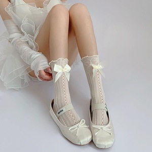 Ballet Style Bow Print Hollowed-out Lolita Slouch Socks For Women Ultra-thin 0D Nylon Mid-Calf Socks Black White - Product Image 3