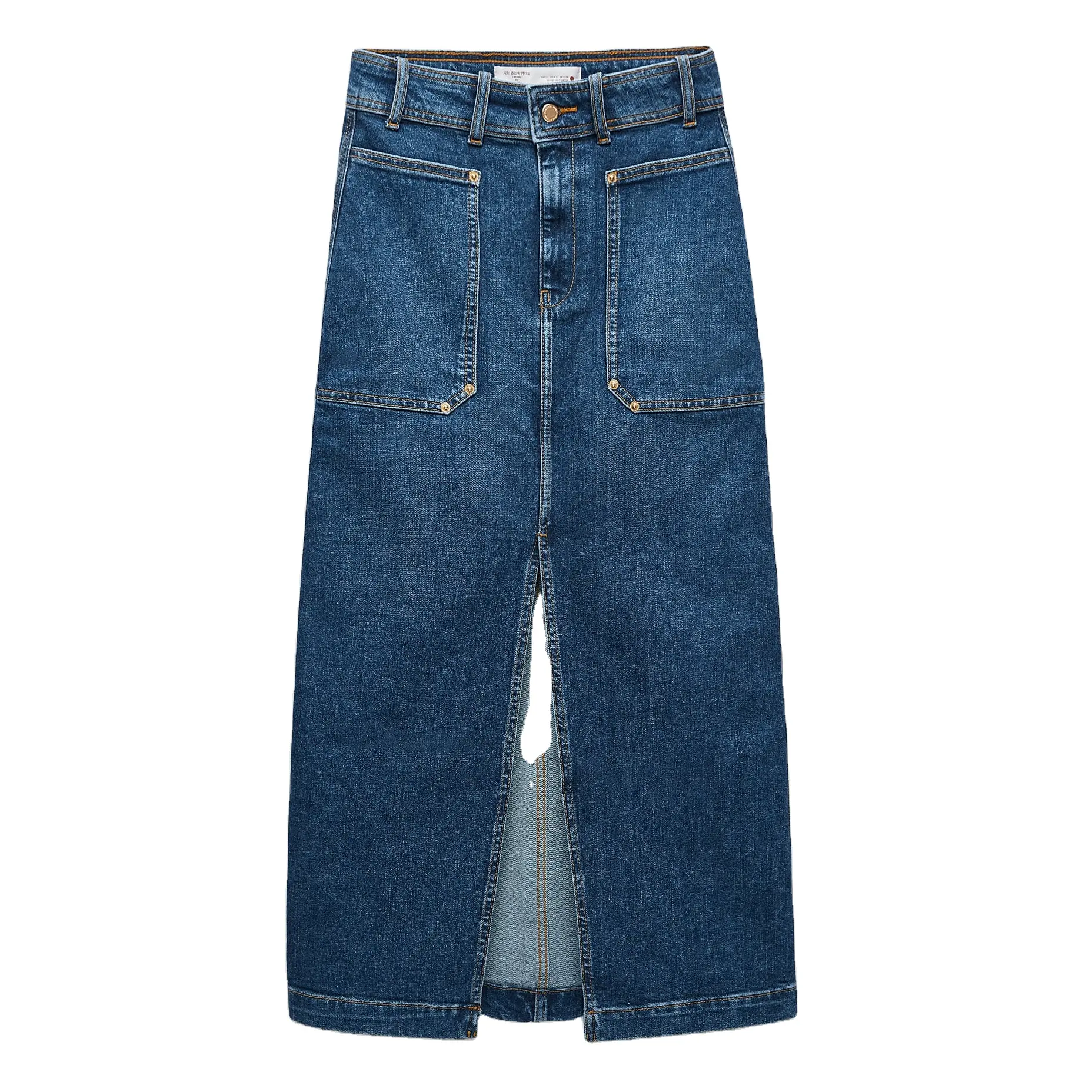 Bán Sỉ Chân Váy Bò Logo Theo Yêu Cầu Chân Váy Denim Nữ Xẻ Dài Cạp Cao Có Túi Vá Áo Lót