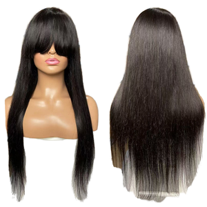 Pelucas de Cabello Humano Remy Brasileño Liso Sedoso de 24 Pulgadas de Largo con Flequillo Completamente Cosido a Máquina, Sin Pegamento y de Color Natural - Product Image 1