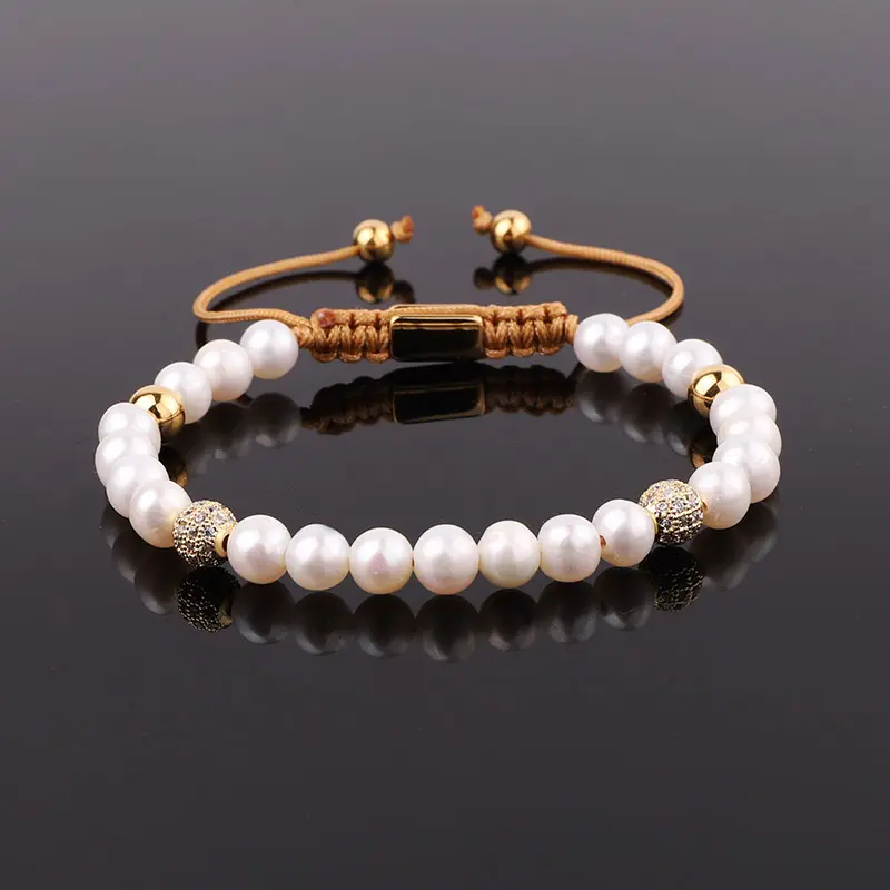 Thời Trang Mới Chất Lượng Cao Thiết Kế Độc Đáo Real Freshwat Pearl CZ Diamond Macrame Bracelet Dành Cho Nữ