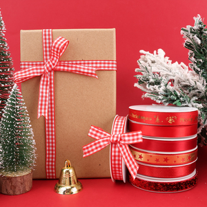 Set Pita Poliester Cetak Motif Kotak-Kotak Natal Berkualitas Tinggi 1cm untuk Pembungkus Kado, Dekorasi DIY untuk Pita Hijau/Merah - Product Image 6