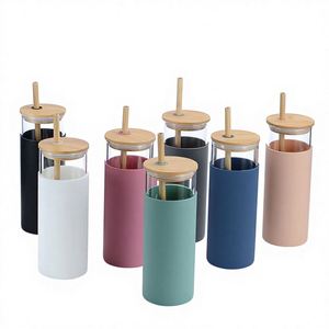 Gobelet réutilisable écologique sans BPA en verre borosilicate de haute qualité avec couvercle en bambou, pailles et manchon de protection en silicone - Product Image 1