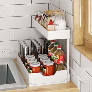 Under Sink Organizer L-shaped 2 Tier Sliding Cabinet Organizer Narrow Space Storage for Kitchen Bathroom