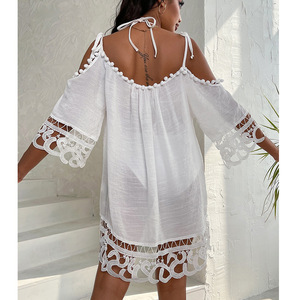 WG NUEVO STOCK <span class=keywords><strong>Dos</strong></span> <span class=keywords><strong>colores</strong></span> recortados Hombro Manga corta Túnica de playa <span class=keywords><strong>Crochet</strong></span> Hem Coverup Ropa de playa - Product Image 4