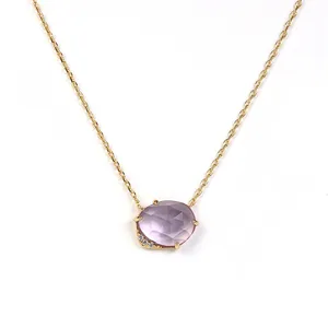 Joacii Jewelry 925 Sterling Silver 14K Gold Plated Gemstone Series Big Stone Egg Shaped Amethyst Necklace