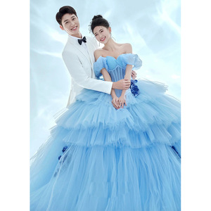 Blue Tulle Ball Gown Wedding Dress Sweetheart Neckline Empire Waistline For Indoor Photo Studio Shooting - Product Image 3