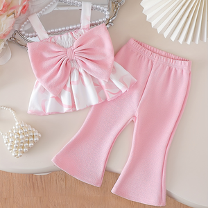 <span class=keywords><strong>Abbigliamento</strong></span> per Bambini: Completo <span class=keywords><strong>Estivo</strong></span> da Bambina con Top Rosa con Fiocco e Pantaloni, 2 Pezzi, per Europa e Stati Uniti - Product Image 1