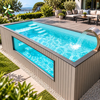 Piscine hors sol en fibre de verre de luxe avec fenêtre de visualisation en acrylique, revêtement WPC, jacuzzi extérieur de 6 m pour jardin