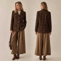Blazer décontracté pour femme en velours côtelé marron brodé floral australien, revers cranté, simple boutonnage, idéal pour le bureau - Collection 2026