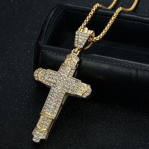 <b>Cross</b> Pendant Necklace Stainless Steel Gold Plated Rhinestone Men's Hip Hop Jewelry Gift - Product Image 1