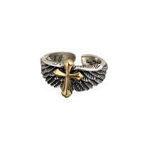 Bague ouverte vintage rétro pour homme, en argent thaïlandais, avec des ailes, une croix, un graffiti, personnalité dominante, en alliage de cuivre, bijoux, cadeau parfait