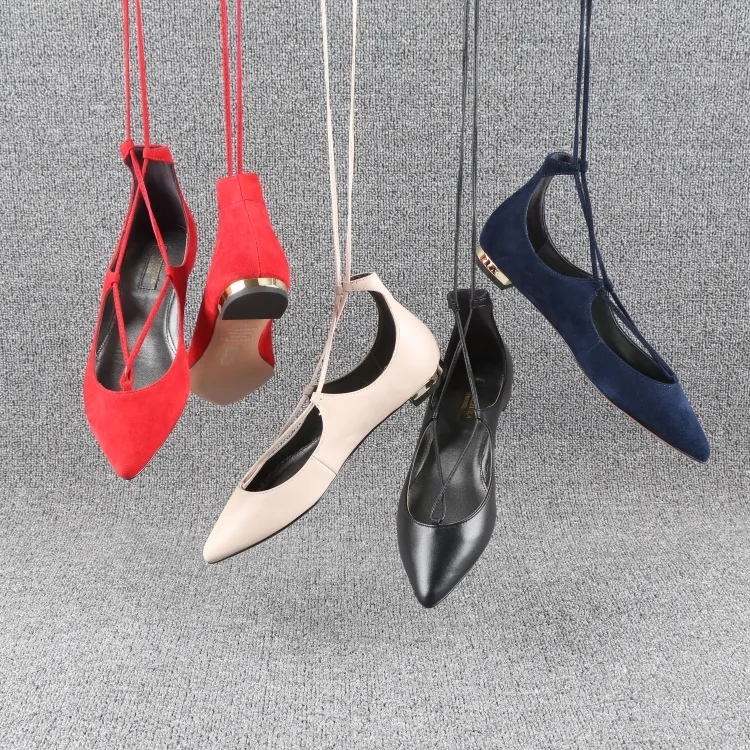 Womens Pointy Toe Ankle Strap Wrap Ballet Flats Lace Up Fashion Flat Shoes