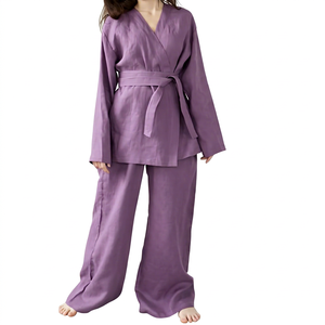 Conjunto de Pantalones Anchos y Top Kimono de Lino para Mujer, Transpirable, Ecológico, Manga Larga, Estilo Envolvente, con Cinturón, Lino Natural - Product Image 1