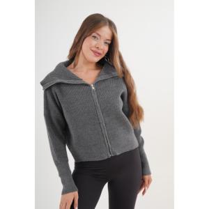 Cárdigan de punto antracita para mujer con cuello con cremallera, estilo casual, antipilling, a la moda y sencillo. - Product Image 3