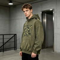 Sudadera con capucha para hombre de peso pesado con lavado vintage, estampado de camuflaje y mapa con brújula, bajo deshilachado y estilo streetwear, para uso casual diario