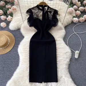 L674 New 2024 Women's Sexy Backless Lace Patchwork Back Split Black Dress Women Clothing Wholesale 3