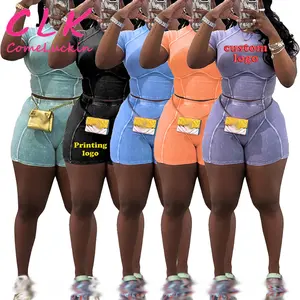 Individuelles Logo gerippte gewaschene Sommer-Outfits 2 zweiteiliges Set Trainingsanzüge Damen 2024 Kurzarm-Crop-Oberteile Soild-Shorts Anzüge