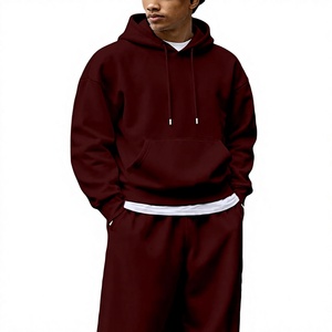 Survêtement à capuche pour homme, couleur bordeaux, 100% coton, coupe ample, décontracté, pour l'automne, avec poches latérales pleine longueur, doublé pour plus de chaleur - Product Image 2