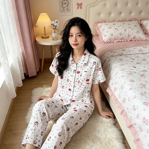 <span class=keywords><strong>Pijama</strong></span> de mujer de algodón 100% puro de doble capa de gasa, de manga corta y pantalón largo, transpirable, con estampado de dibujos animados, para el hogar, delgada, <span class=keywords><strong>verano</strong></span> 2026 - Product Image 4