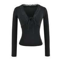 Haut court à manches longues en Lyocell, col en V, avec dentelle, nœud et cordon de serrage, coupe ajustée, pour superposition, OEM, pour femme, style urbain, sexy, club, décontracté