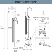 Robinet de baignoire sur pied, Robinet de bain autoportant à fixation au sol, Robinet de remplissage de baignoire en laiton, Robinet mitigeur de bain-douche à débit élevé