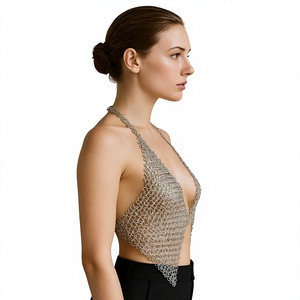 Silver Plated Stainless Steel Chainmail Halter <b>Top</b> Irregular Fashion Armour Clothing - Product Image 2