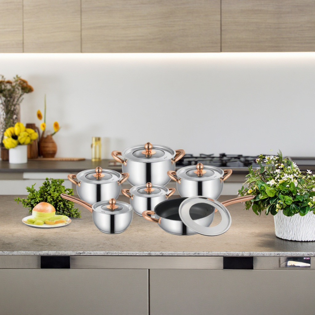 Modern Eco-friendly Stainless Steel Soup Pot Set Belly Shaped 12PCS Thickened Double Bottom Glass Cover Rose Gold Handle Pots · image 5