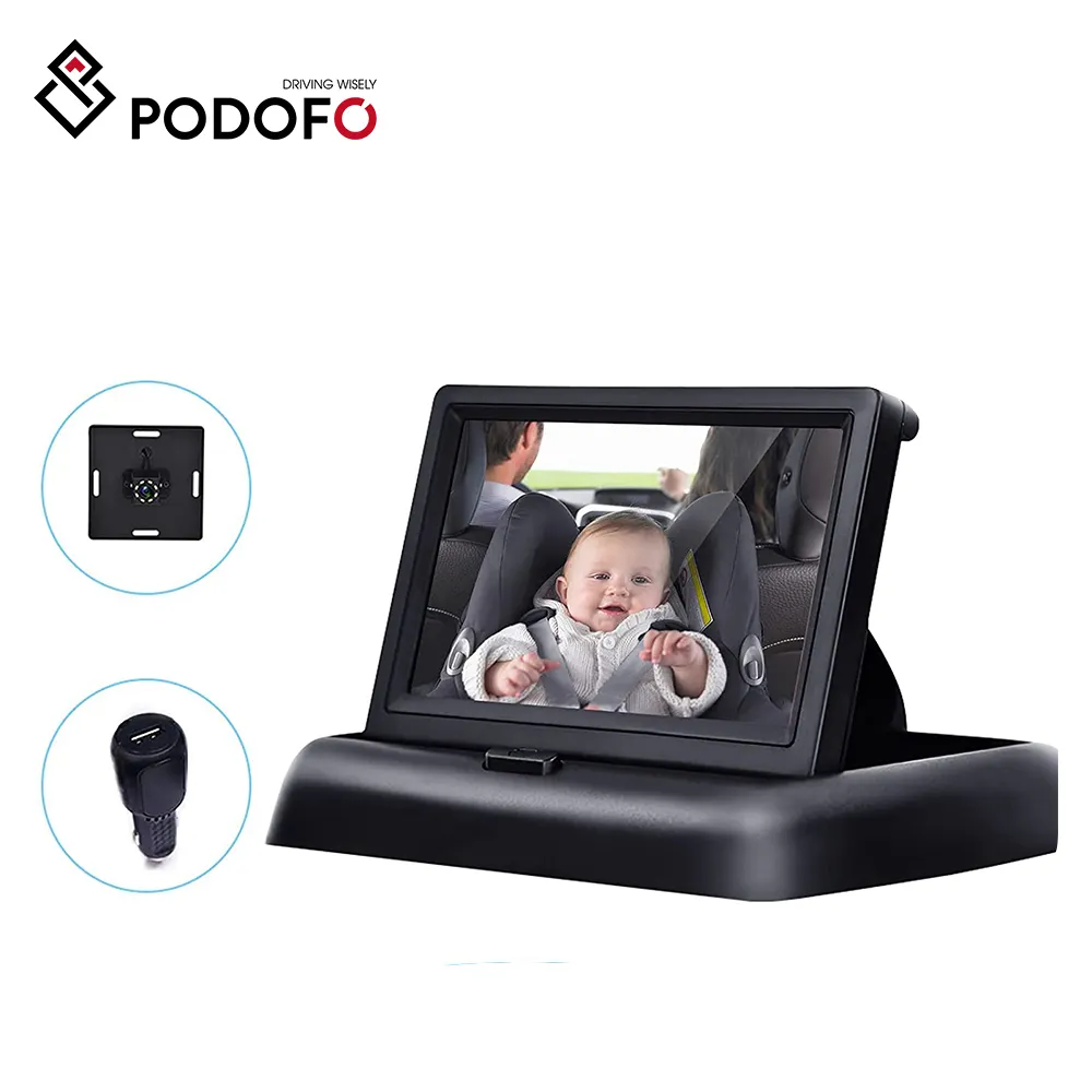 Podofo 4.3 "Monitor Video Mobil Bayi, Layar Lipat Cermin Kursi Depan Bayi untuk Melihat Bayi Membalikkan Monitor Kamera