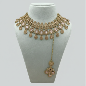 Vintage <b>Gold</b> Plated Copper Pearl Bridal Shadow Choker Necklace <b>Set</b> Earrings Maang Tikka Wedding Engagement Gift Party Trendy - Product Image 2