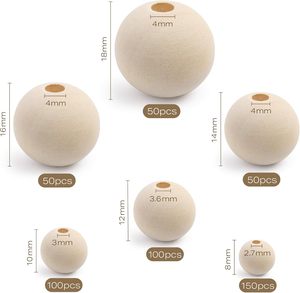 Perles en bois, 500pcs 6 tailles de perles en bois naturel non finies pour l'artisanat, boules rondes en bois pré-percées pour guirlande macramé - Product Image 3