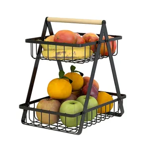 Grand panier à fruits en métal à 2 niveaux pour la maison, rangement facile des fruits et légumes, avec poignée en bois, 2022