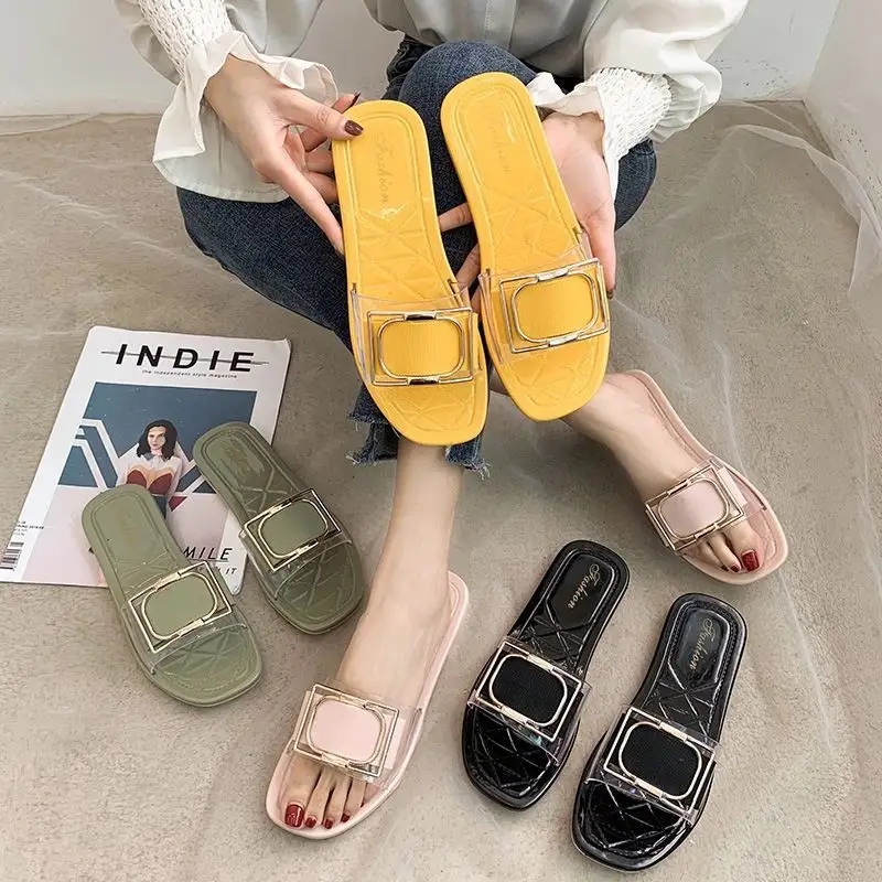 Shoes Women Slippers Metal Golden Chain Buckle Ladies Sandals Flat Outdoor Beach Soft Comfort Slide Sandals For Women And Ladies