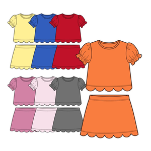 Conjunto de falda y camiseta de algodón estampado personalizado para bebé niña, con borde festoneado, transpirable y de tela peinada. - Product Image 1