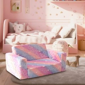 Children's <b>Sofa</b> Double Seat Pink Foldable Velvet With Stars For <b>Kids</b> Reading Corner Nap Chair - Product Image 1