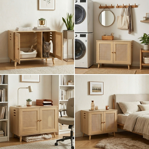 Modern Wooden Rattan Cat <strong>Litter</strong> <strong>Box</strong> Enclosure Cabinet | Hidden Cat Washroom <strong>Furniture</strong> for Living Room - Product Image 4