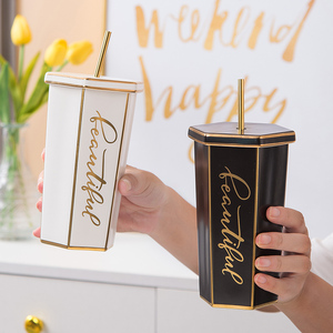 <b>Large</b> Capacity Rhomboid Gold-Rimmed Porcelain Personalized <b>Mugs</b> 490ml Dishwasher & Microwave Safe with Lid Straw Business Gift - Product Image 2