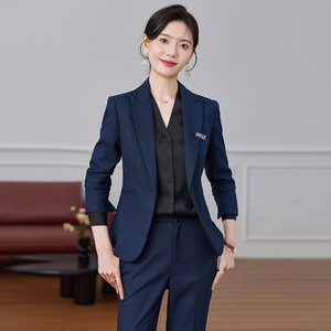 Women's Navy Blue Suit Set Full Sleeve Polyester Worsted Anti-Wrinkle Office Lady Spring Work Uniform - Product Image 1