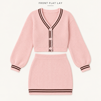 Ensemble tricoté personnalisé pour femmes, haut à col en V à manches longues et jupe mini, tenue en 2 pièces pour un usage quotidien décontracté