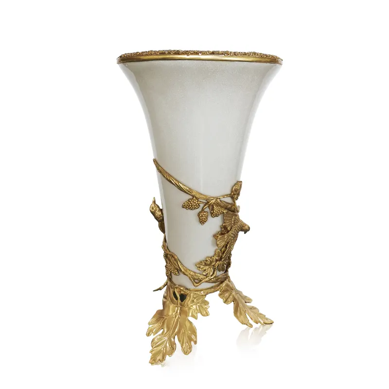 china home accessories decoration antique luxury flower bird design vase jar with brass and ceramic chinese flower bottle