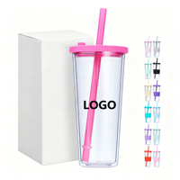 Gobelet à bulles réutilisable de 24 oz sans BPA avec logo personnalisé, grande capacité, double paroi, en plastique, pour thé à bulles, café glacé, pour les voyages