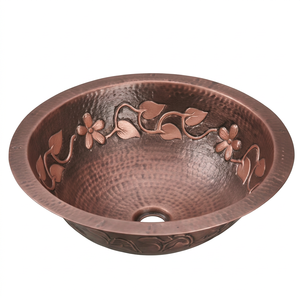 Évier de cuisine rond en cuivre fait main élégant avec motif floral, finition mate, à poser sur le comptoir, à cuve unique, style rustique - Product Image 1
