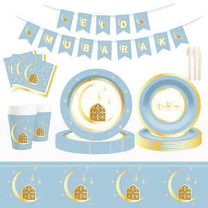 DAMAI nouvelles décorations du <span class=keywords><strong>Ramadan</strong></span> <span class=keywords><strong>Ramadan</strong></span> <span class=keywords><strong>vaisselle</strong></span> ronde bleu et or assiettes tasses serviettes pour <span class=keywords><strong>Ramadan</strong></span> islamique Decore - Product Image 2