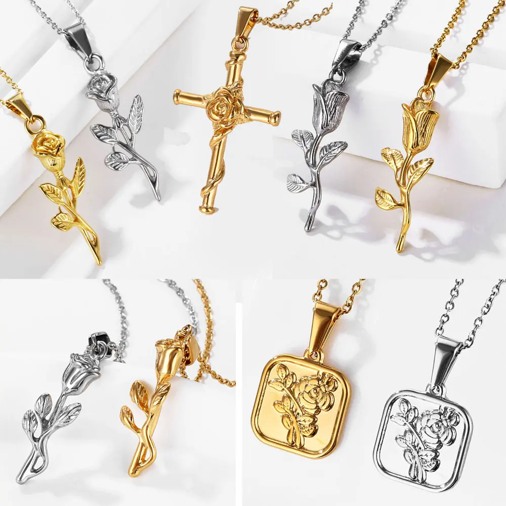 Fashion Fleur-de-lis Christian Crucifix Cross 316l Stainless Steel Jewelry Minimalist 18k Gold Flower Rose Pendant Necklace