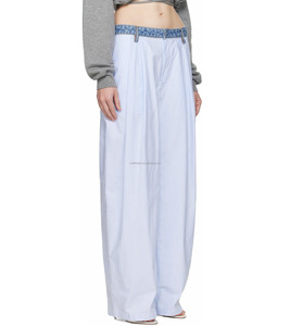 100% algodón holgado de lujo para mujer rayas originales azul y <span class=keywords><strong>blanco</strong></span> Denim cintura algodón Oxford pantalones Denim cintura Pantalones - Product Image 4