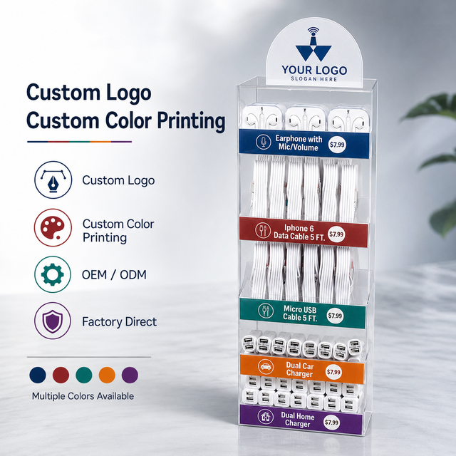 Custom Acrylic Mobile Phone Accessories Display Stand Cell Phone Charger Display Retail Store USB Data Cable Display Stand Rack