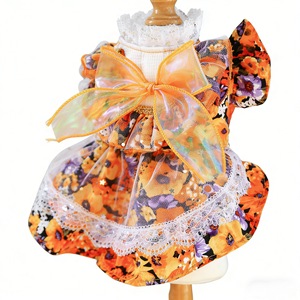 Pet <b>Clothes</b> For Dogs And <b>Cats</b> Orange Blossom Floral Dress With Lace Trim Cute Pet Dress Small Dog Puppy Outfit - Product Image 5