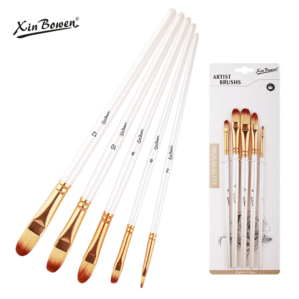 OEM&ODM 5Pieces Pearl Withe Color Nylon Paintbrushes Set Woodhandle Paint Brushes For Art Painting