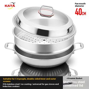 316 <span class=keywords><strong>Wok</strong></span> en acier inoxydable à double oreille 40 <span class=keywords><strong>42</strong></span> grand fond plat antiadhésif casserole de cuisson domestique écran double face à faible teneur en huile fumée - Product Image 3